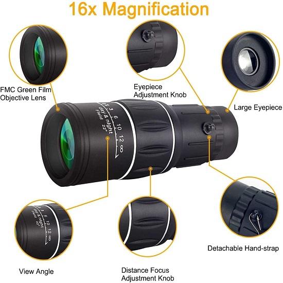 16 * 52 Monocular | Dual Focus Zoom Optic Lens Armouring Monocular Telescope Outdoor Travel Binoculars for Bird Watching Wildlife Hunting