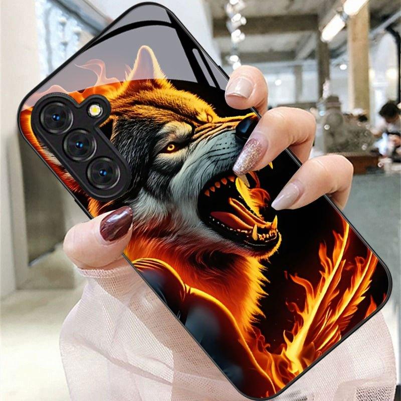 Flaming Wolf Head Phone Case for Samsung Galaxy S26 S25 S24 S23 S22 FE Ultra Plus Fashion Phone Cases Carcasa Glass Coque Fundas