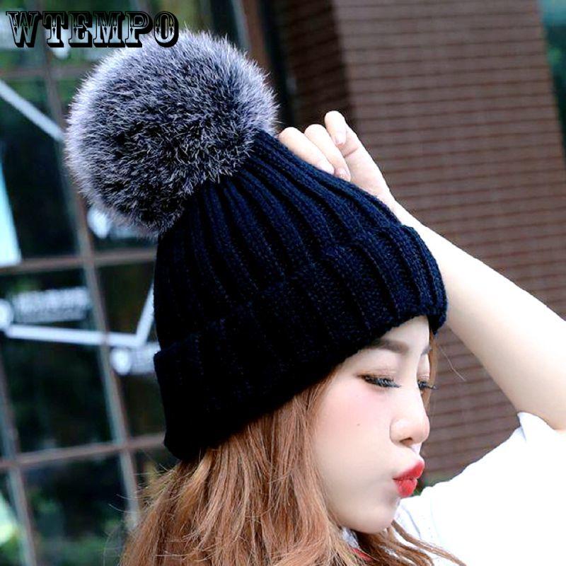 WTEMPO Windproof Detachable Faux Fur Ball Caps Poms Winter Solid Color Warm Woolen Hats Women Knitted Beanies Hats