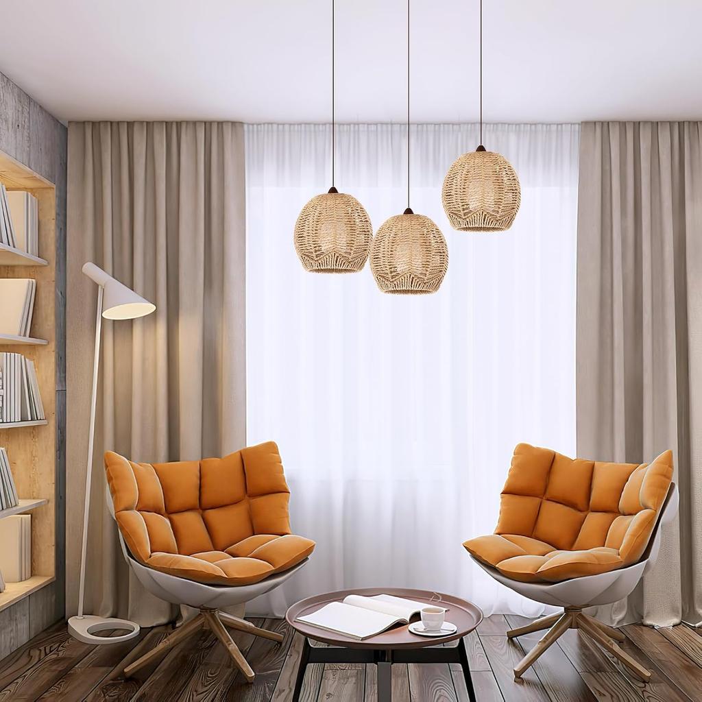 Wicker Globe Lamp Shade Woven Rattan Boho Lamp Shade Replacement Small Ceiling Fan Light Covers Retro Hanging Lampshade for Bedroom Living Room