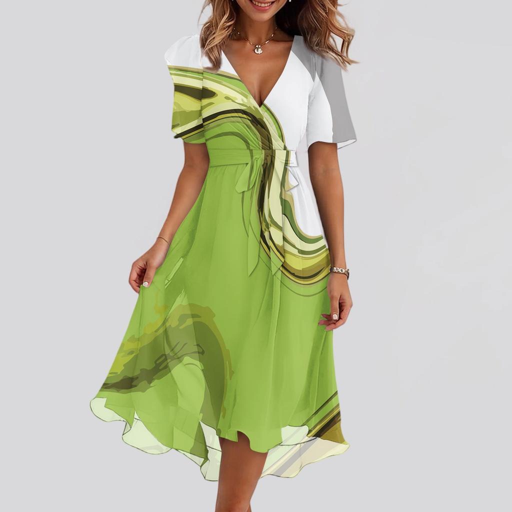 Женский летний повседневный сарафан миди с текстурным принтом, запахом, V-образным вырезом, оборками, капюшоном, короткими рукавами, поясом, А-силуэта, с оборкой по подолу