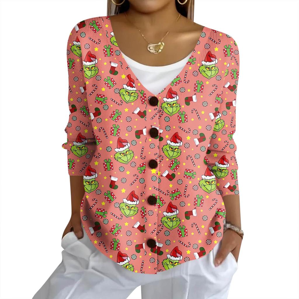 Women's Fashion Casual Knit Sweater Button-Up Christmas Print Cardigan Jacket