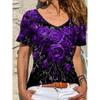 Летний топ с V-образным вырезом, принтом с 3D-цветочным узором, модная повседневная женская футболка с коротким рукавом