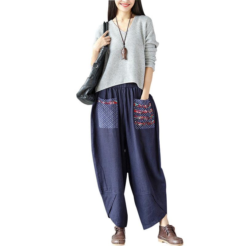 Винтажные женские шаровары в этническом стиле с эластичной резинкой на талии, широкие брюки, мешковатые свободные хлопковые льняные брюки