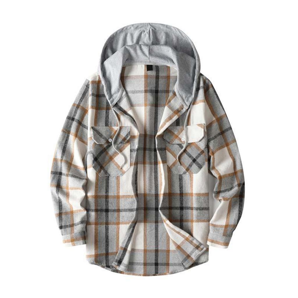 Men's Striped Plaid Casual Loose Button Lapel Long Sleeve Hooded Cardigan Shirt Jacket