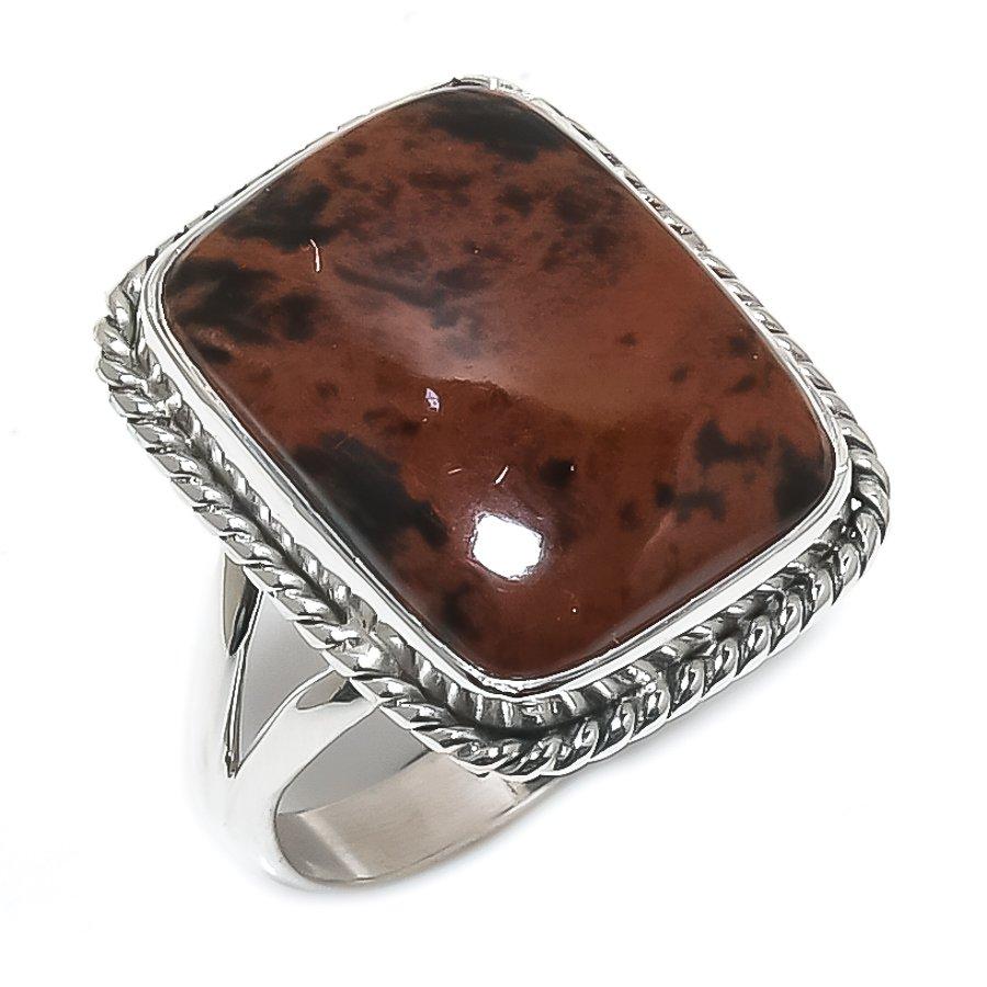 Подарочное кольцо из стерлингового серебра 925 пробы с натуральным обсидианом красного дерева S.8 G3T25