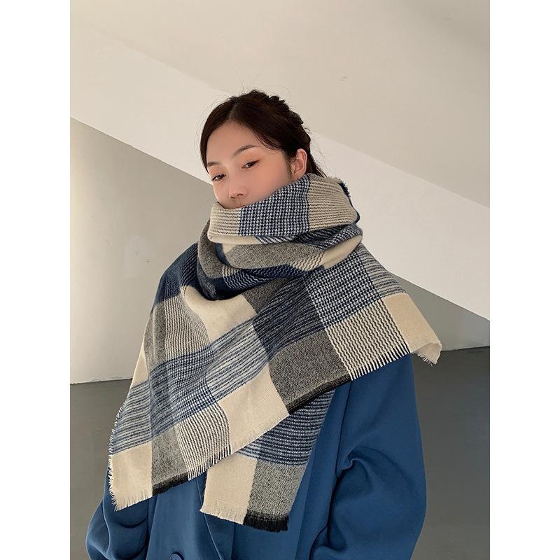 Retro White Blue Plaid Thickened Scarf Women's Autumn and Winter Warm Shawl Scarf