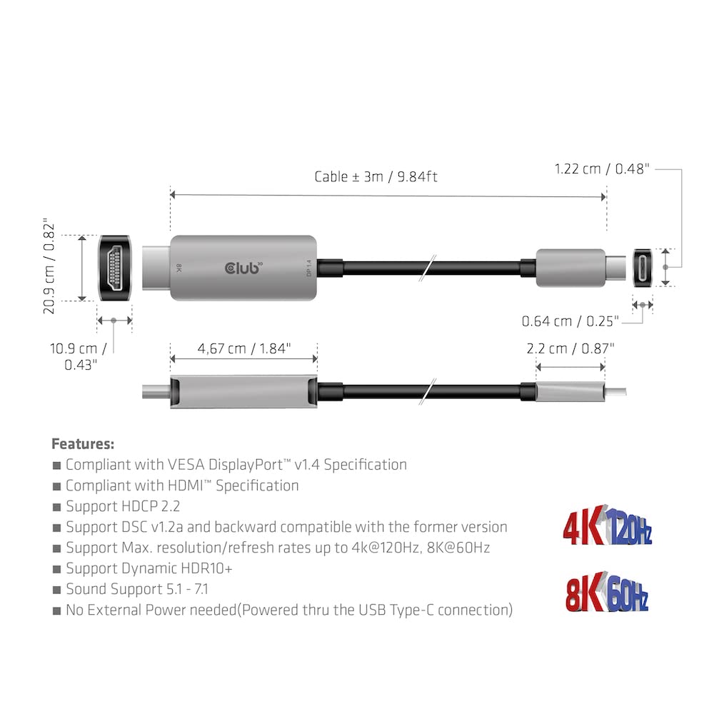 Активный кабель Club 3D USB Gen2 Type C на HDMI 2.1, Male/Male, 3 м, поддержка 4K120 Гц, 8K60 Гц, HDR10+, DSC 1.2 (САС-1587)