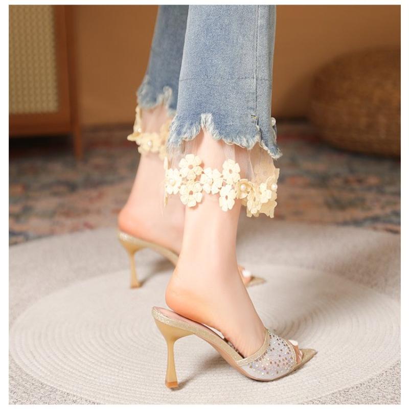 Модные Универсальные Шлепанцы на Высоком Каблуке с Острым Носком, Украшенные Стразами, Сандалии с Цельным Ремнем, Повседневная Элегантная Женская Обувь