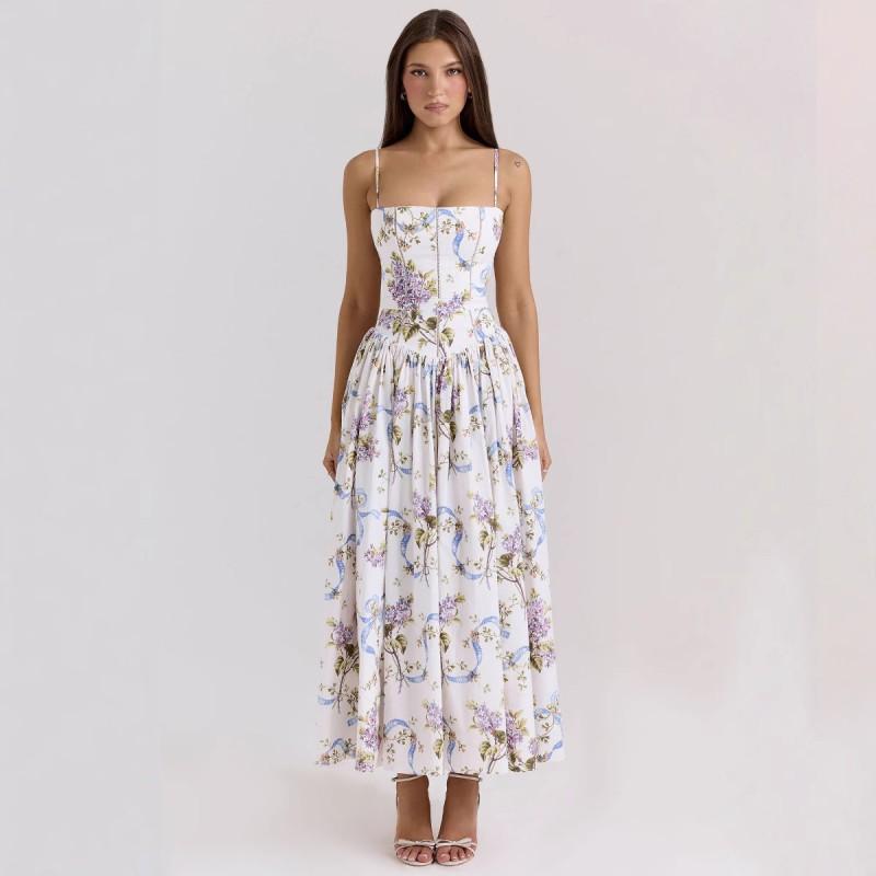 Elegant Gentle Floral Slip Dress Slim Fit A-Line V-Neck Long Women
