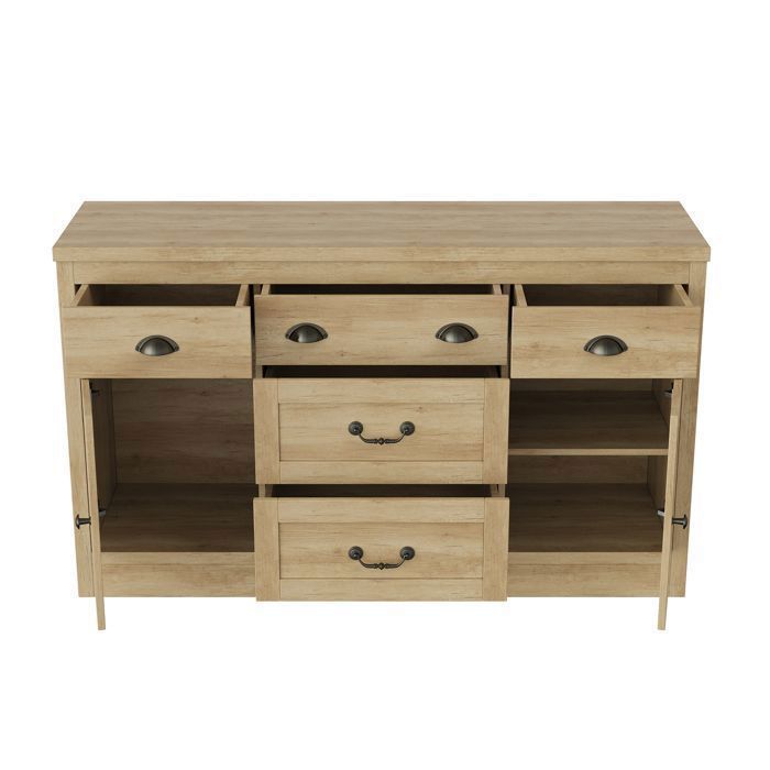 Buffet en bois 135 x 39 x 80 cm - 5 tiroirs, 2 portes, plateau spacieux, style scandinave