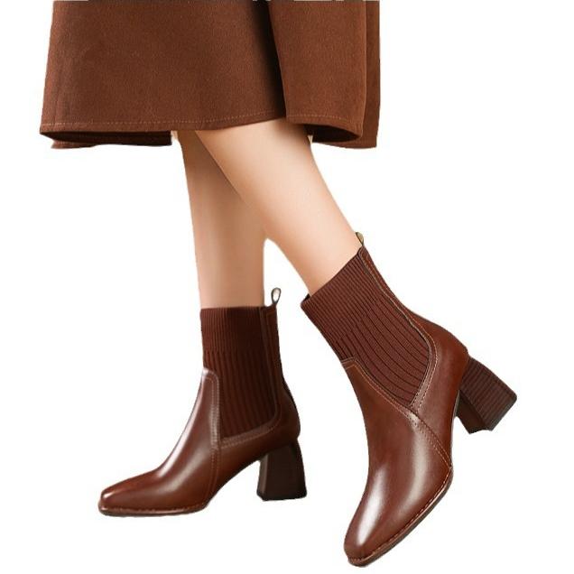 Женские ботильоны без застежек на толстом блочном каблуке с квадратным носком, платье-носок до середины голени, женские повседневные ботинки на осень-зиму