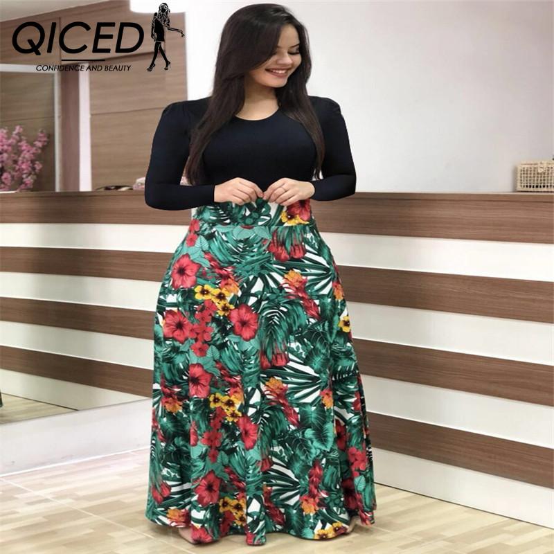 QICED Floral Print Patchwork Long Sleeve Bohemian Dress Women Spring Autumn O-Neck Big Swing Long Dresses