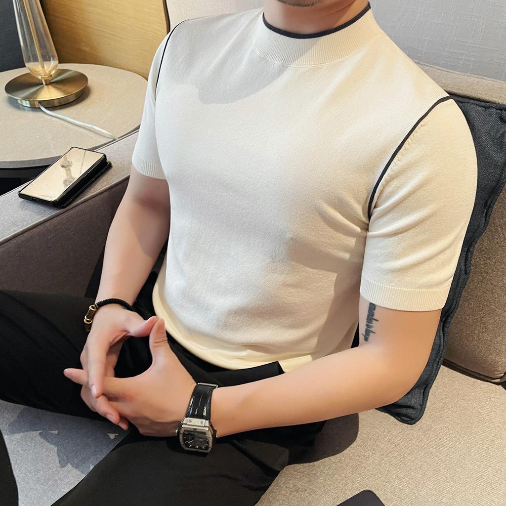 Летние мужские трикотажные футболки корейские элегантные с круглым вырезом и коротким рукавом мужские футболки облегающие повседневные пуловеры футболки Homme Plus Size