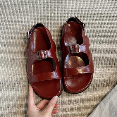 Женские летние сандалии с открытым носком и пряжкой в стиле ретро из овчины, универсальные пляжные шлепанцы на плоской подошве