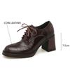 Мода Новая Весна Натуральная Кожа Женская Обувь Круглый Носок Женские Туфли-Лодочки Дизайн Броги Обувь для Женщин Высокий Каблук Шнуровка Лоферы Женская Обувь