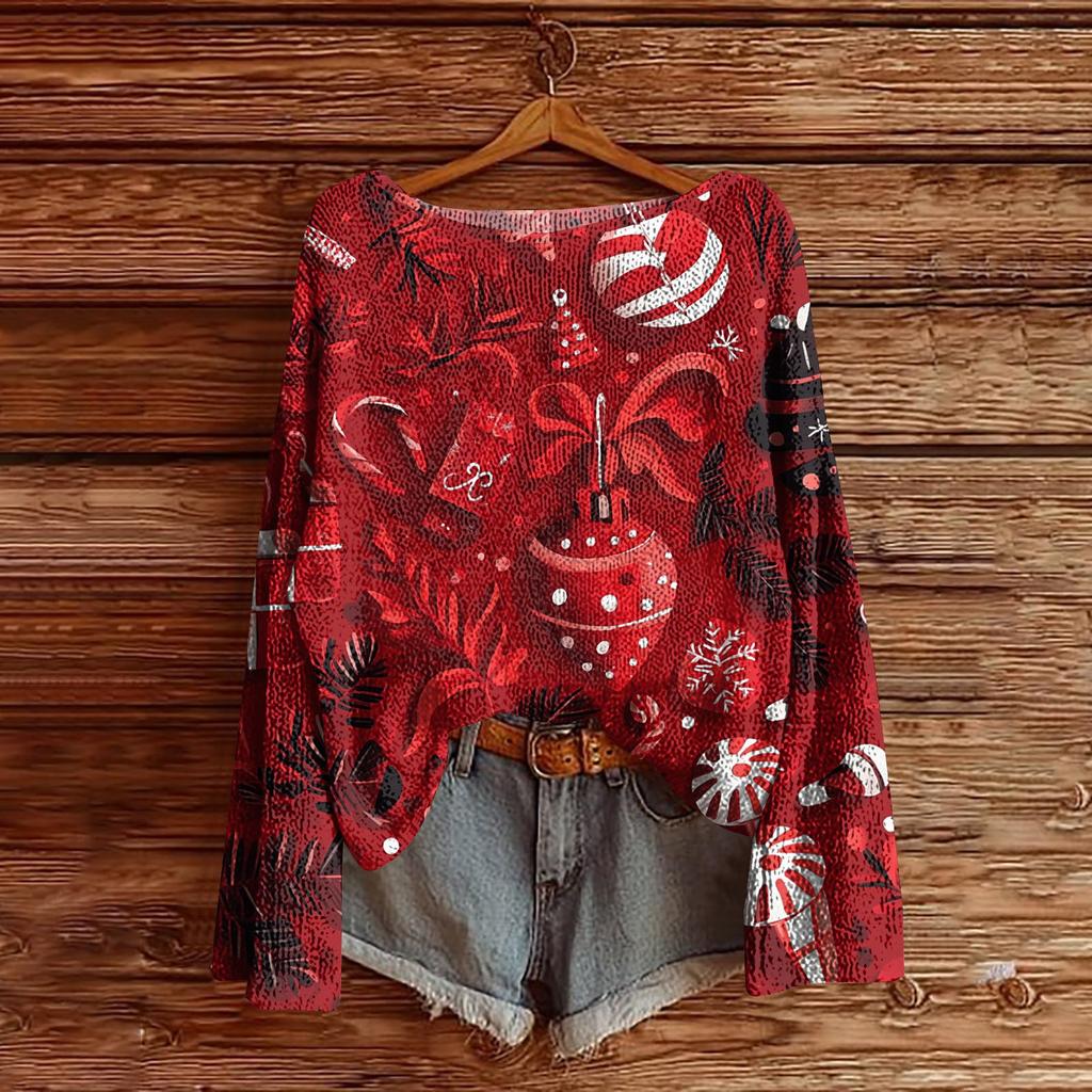 Women's Christmas Print Lightweight Sweater Casual Long Sleeve Knitted Pullover