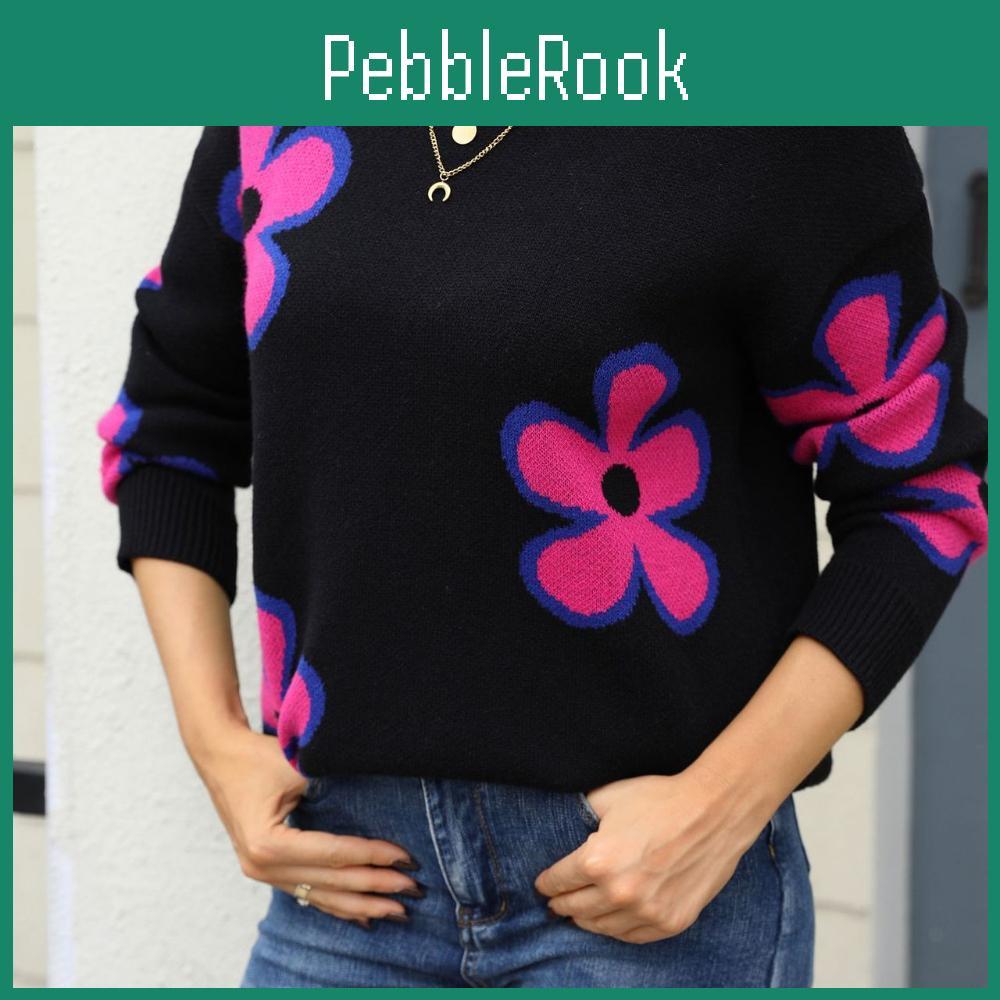 Свободный свитер Цветочный жаккард Новый Для женщин Модный Colorblocking Круглый вырез Вязаный топ