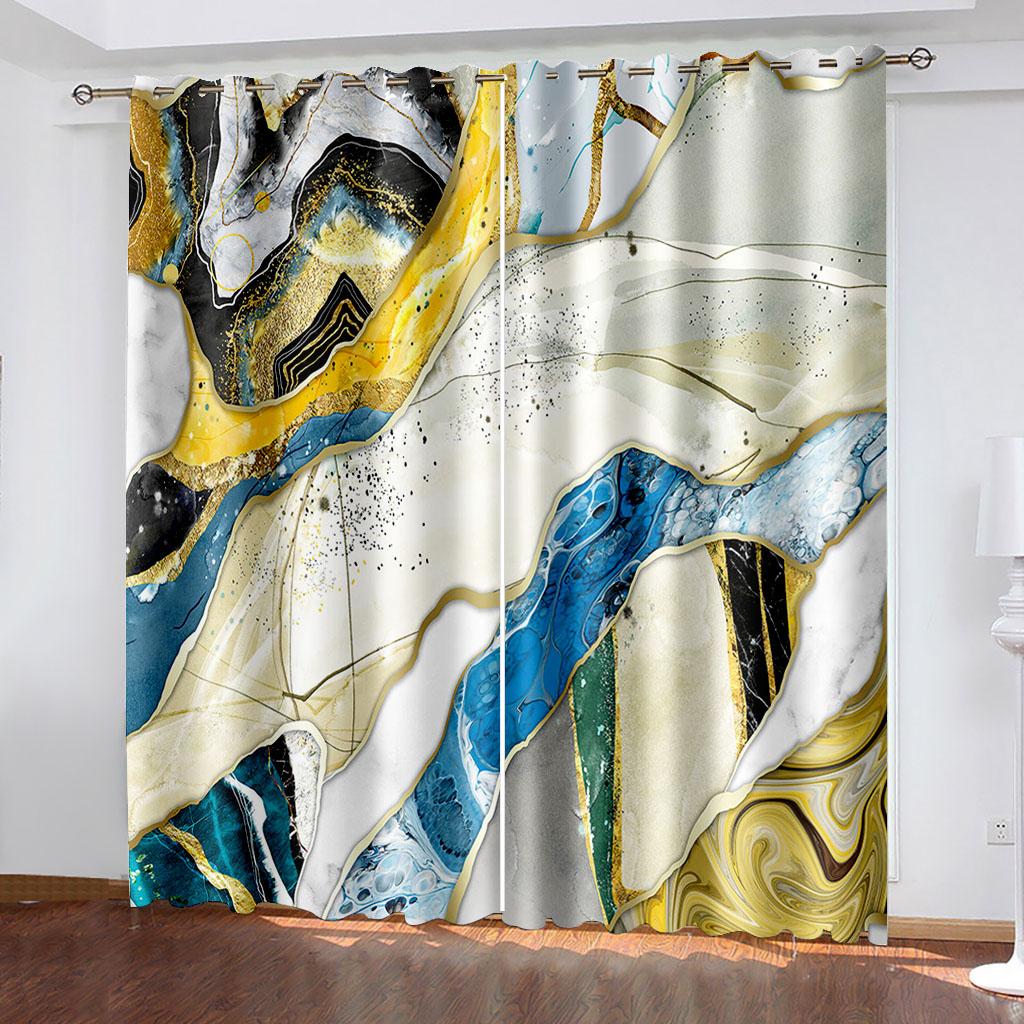 2pcs Modern Abstract Art Marble Textured Geometric Print Drape RodPocket Curtain Semi Blackout Curtains For Living Room Bedroom