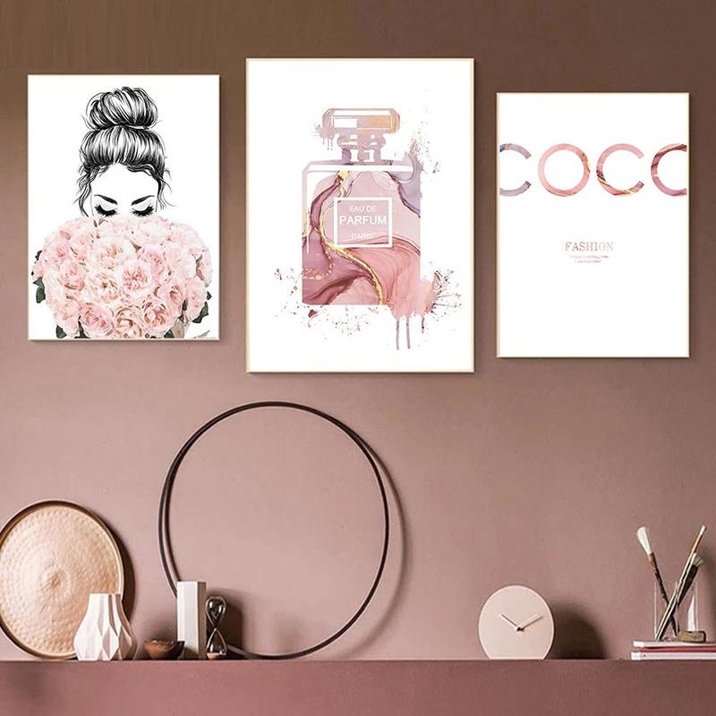 Скандинавские розовые модные настенные постеры, флакон духов, холст, картина, губы, настенное искусство, современный цветочный принт, фотографии, декор для спальни для девочек