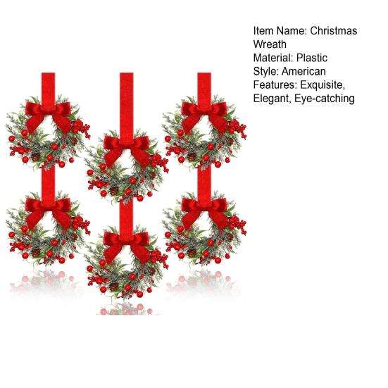 6 шт. 6-дюймовых рождественских мини-венков для шкафа, маленькие искусственные кедровые венки с бантом из ленты, сосновой шишкой и ягодами для входной двери, окна, фермерского дома