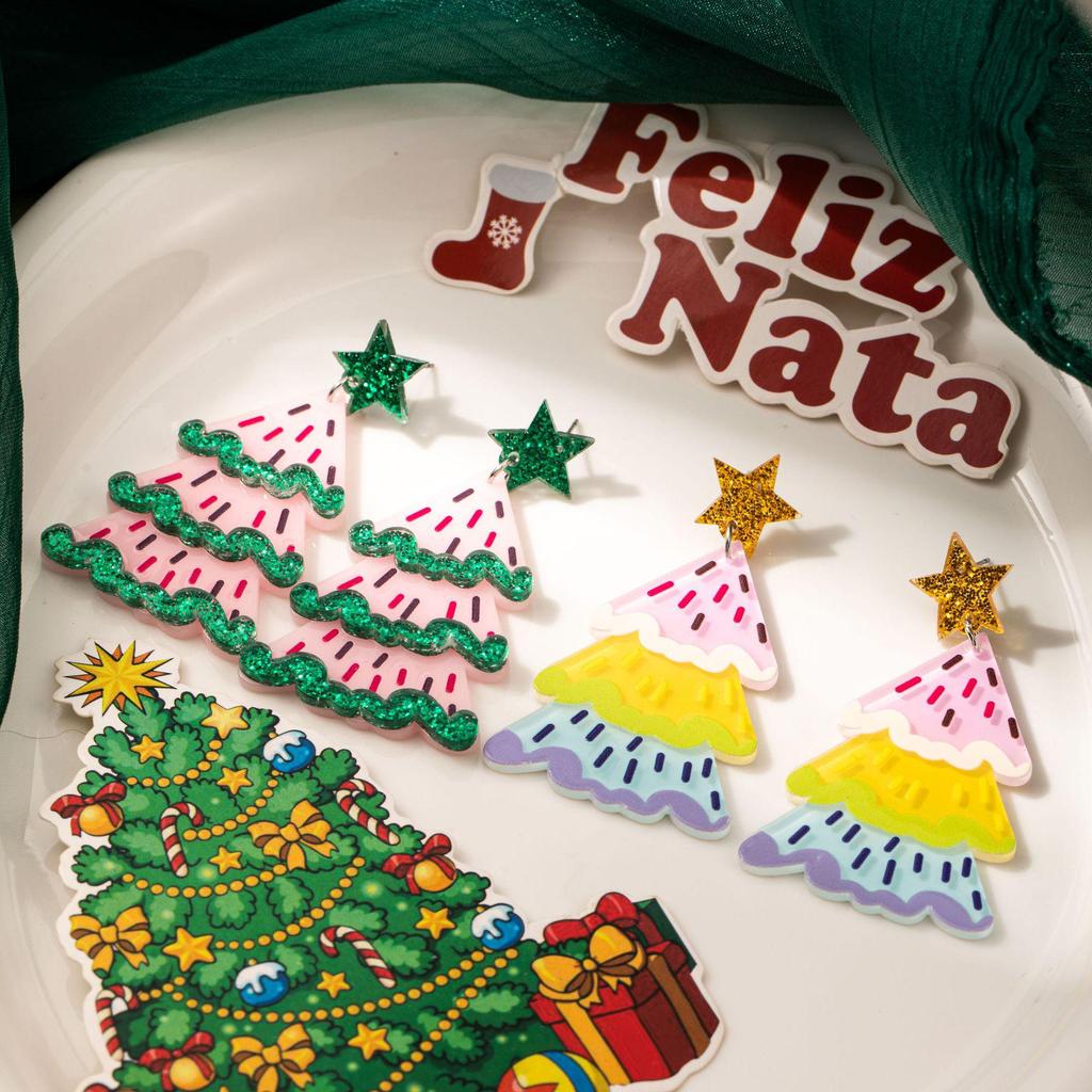 Double-Layer Acrylic Christmas Tree Earrings: Festive, Colorful, Creative Design