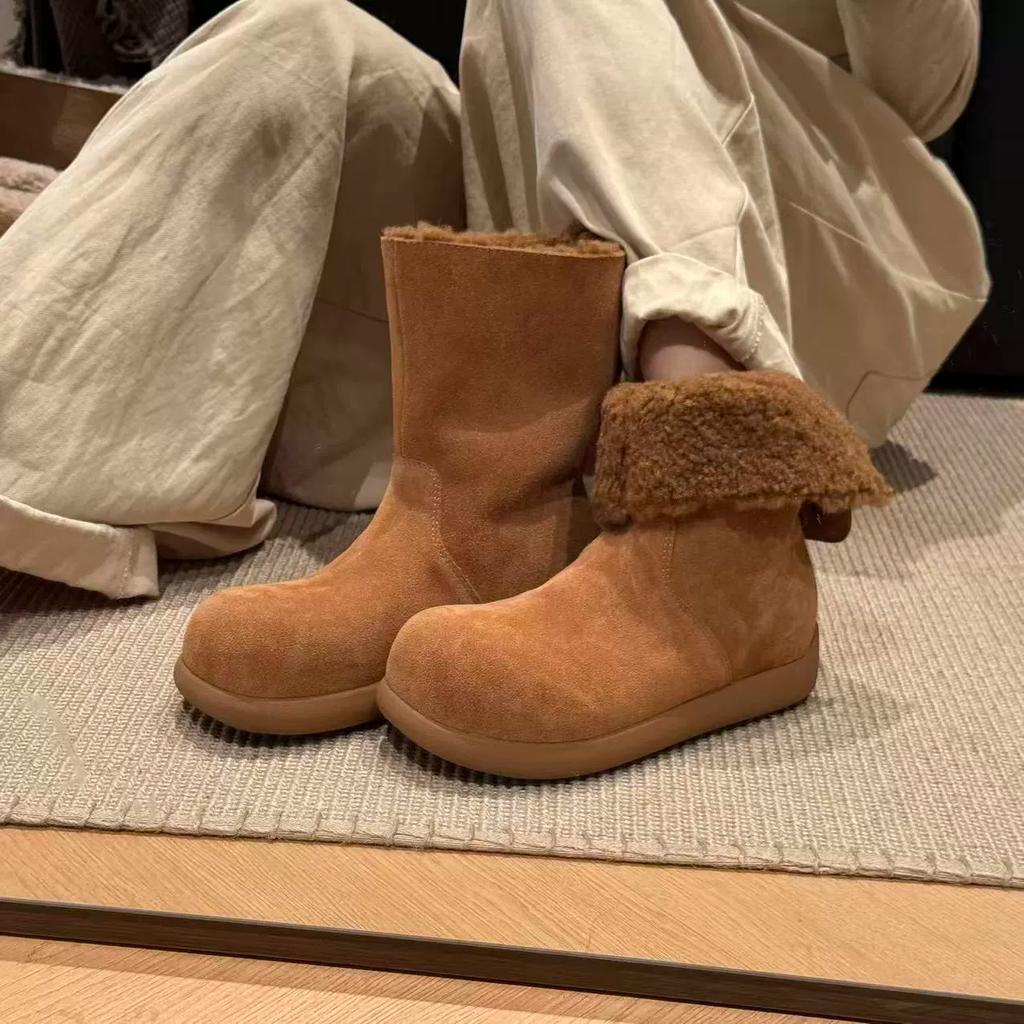 Cowhide Version Snow Boots Women's Winter New Two Wear Piled Thickened Cotton Shoes Fluffy Shoes Short Boots