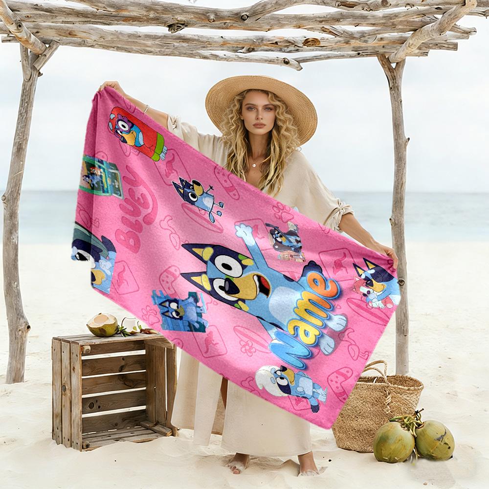 Bluey Friends Adventure Personalized Name Beach Towel Super Soft Microfiber Quickdry Fabric