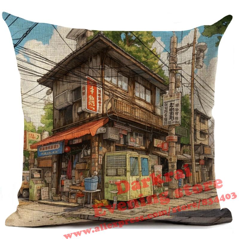 Cartoon Street Corner Linen Cushion Cover Japan Architecture Style Home Decoration Living Room Sofa Throw Pillows Case 45X45Cm