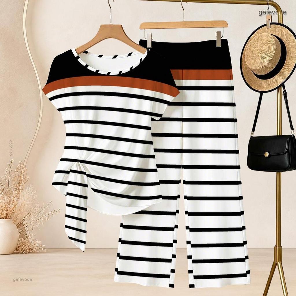 Women Plus Size Two Piece Pants Set Round Neck Short Sleeve Striped Printed Knot Hem Top Long Pants
