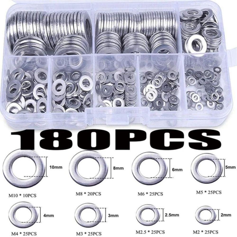 180pcs 304 Stainless Steel Flat Washer Assortment Flat Design Plain Gasket Set Factory Maintenance