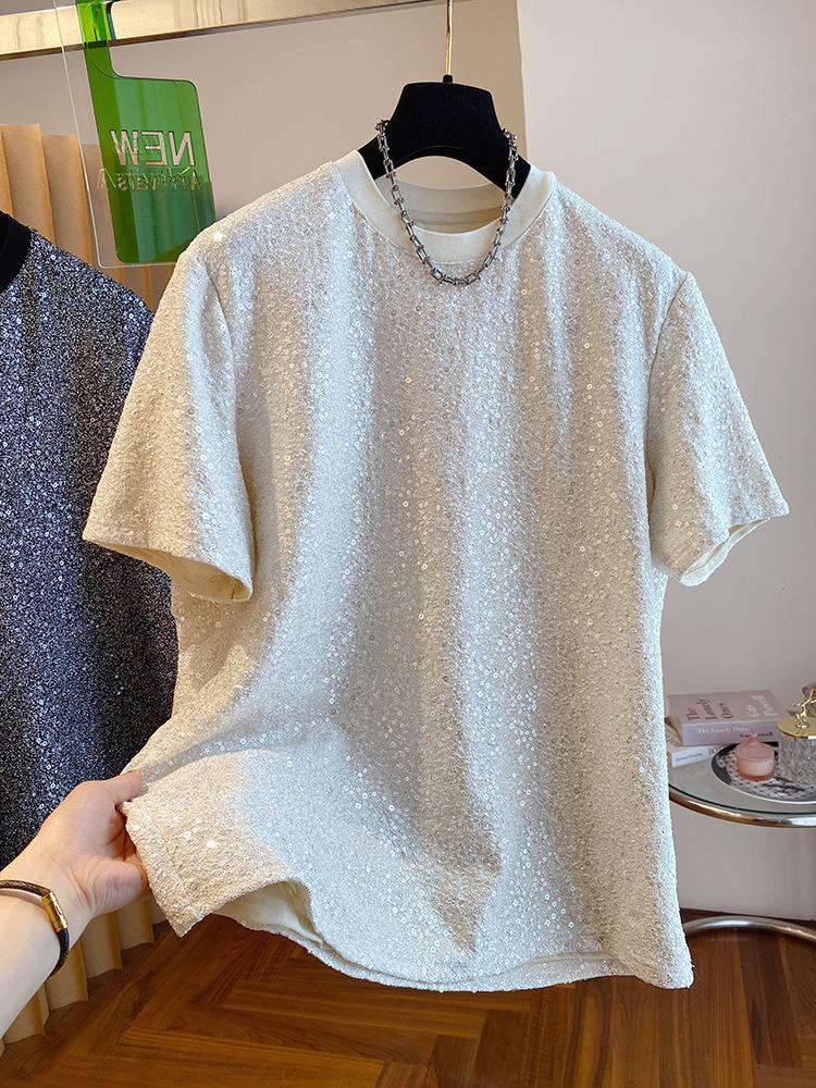 2024 Мужская шикарная шелковая футболка с пайетками - Европейский свободный крой с коротким рукавом