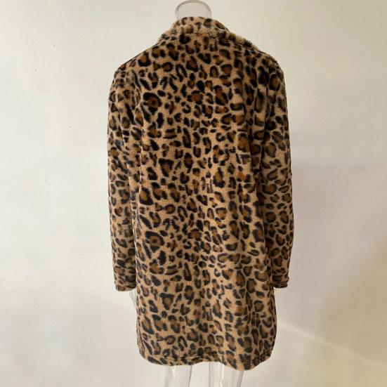 Fall Winter Women Coat Thick Plush Leopard Print Lapel Long Sleeve Windproof Cold-proof Mid Length Pockets Cardigan Lady Loose Overcoat