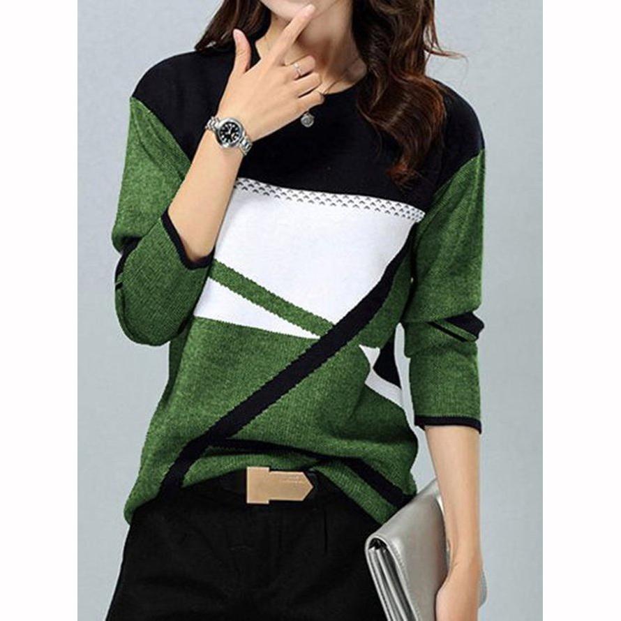 Women Winter Blouses T Shirt Geometric Contrast Long Full Sleeve Print Loose Women Shirts Spring Autumn Elegant