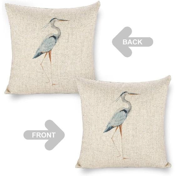 Linen Throw Pillow Covers Blue Egret on Coastal 18x18 Decorative Pillows for Bed Couch Cushion Sofa Outdoor