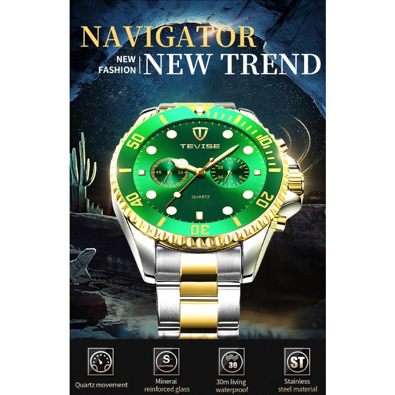 Tevise Мужские Бизнес-часы Нержавеющая сталь Кварцевые часы Дата Модные Повседневные часы Сапфировое стекло Часы
