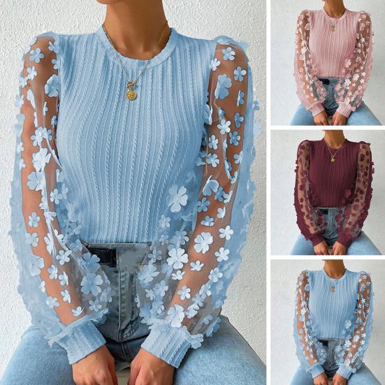 Women Spring Summer Pullover Tops O-neck Flower Decor Mesh Sleeve Chiffon Tops Solid Color Slim Fit Breathable Blouse