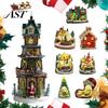 Christmas Tree Ornaments 2Pcs Train Music Box with Rotating Light, Snow Village Carousel Hanging Decorations Ornament, Battery/USB Powered Tabletop