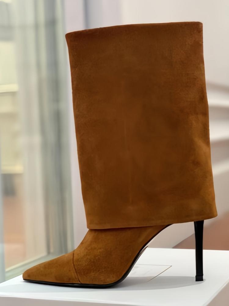 Полусапоги из замши до середины икры EU/US - Остроносые на шпильке Однотонные сапоги поверх брюк для женщин Офисный шик Зимняя обувь