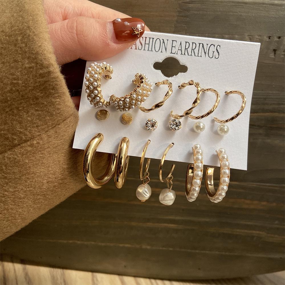 18pcs Bohemian Heart Floral Earring Sets for Women Silver Color Faux Pearl Zircon Geometric C Shape Earrings Daily Wear Jewelry