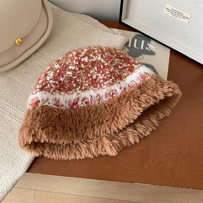 Autumn and Winter New Plush Warm Fisherman Hat Children Color Matching Basin Hat Outdoor Travel Show Face Bucket Hat Tide