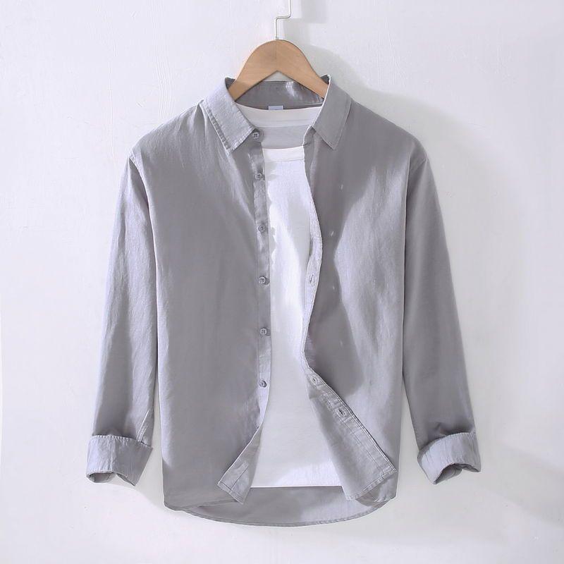 Men's Casual Long-Sleeve White Linen Shirt - Lightweight, Trendy Spring/Summer Top