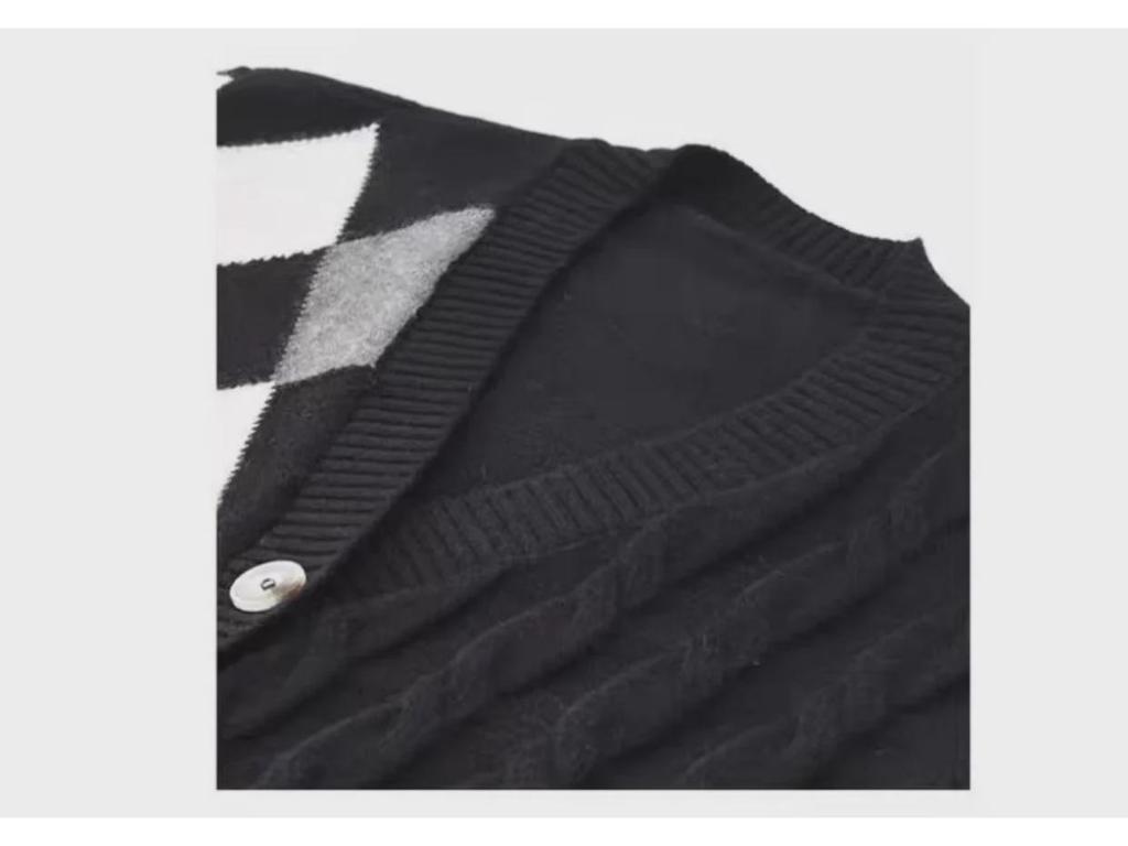 Женский кардиган средней длины с цветными блоками, ромбовидной вязкой — свободный, ленивый стиль