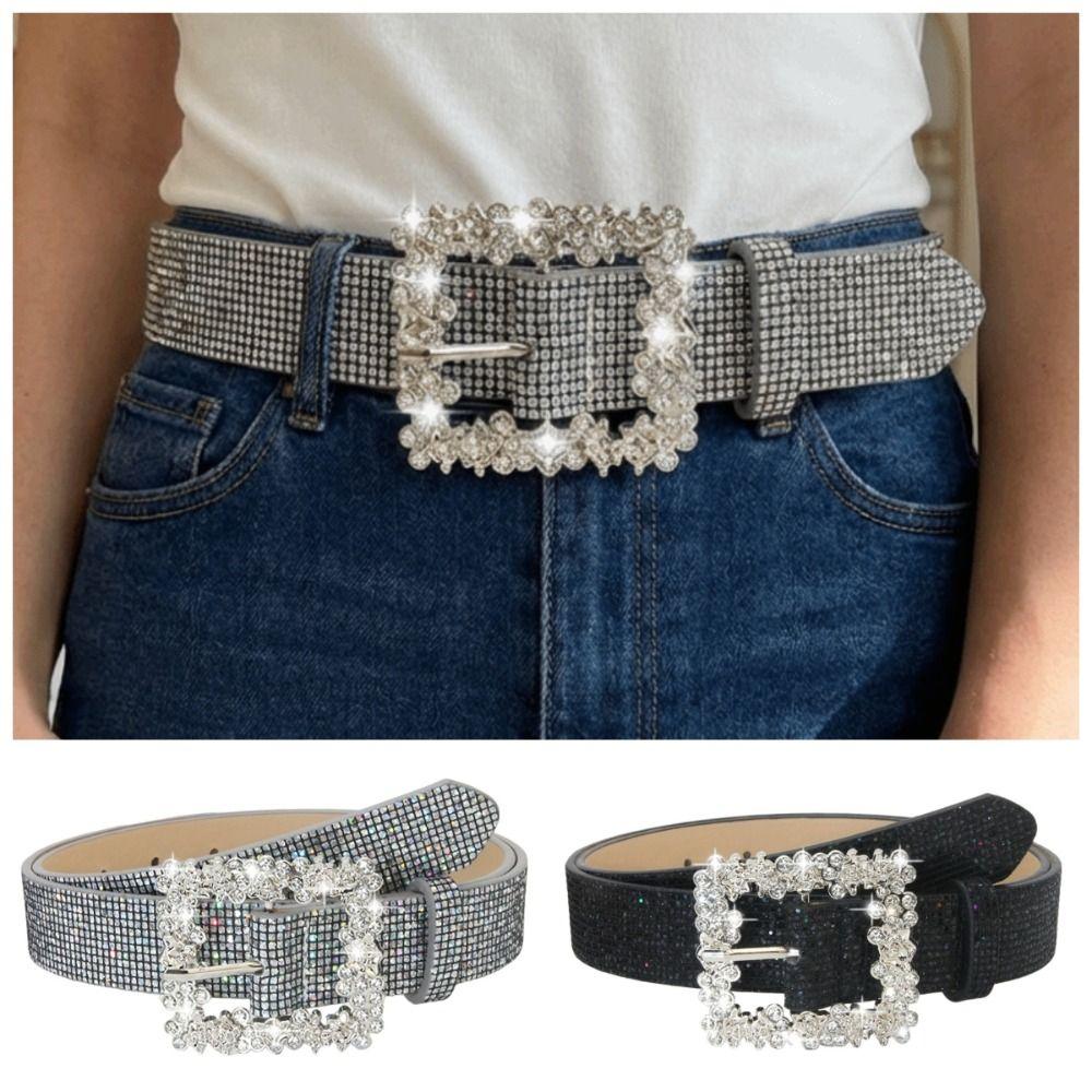 Adjustable Sparkling Waistband Bling Bling PU Leather Belt Women's Jeans Belt Trendy Accessory