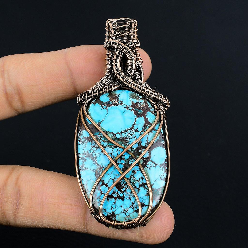Tibetan Turquoise Pendant, 999 Copper Wire Wrapped Gemstone Jewelry, Handmade Pendant, For Thanksgiving