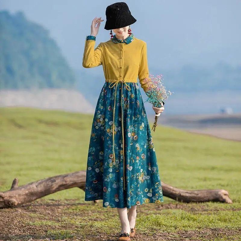 Платье из хлопка и льна в этническом стиле с принтом, длинная юбка для похудения