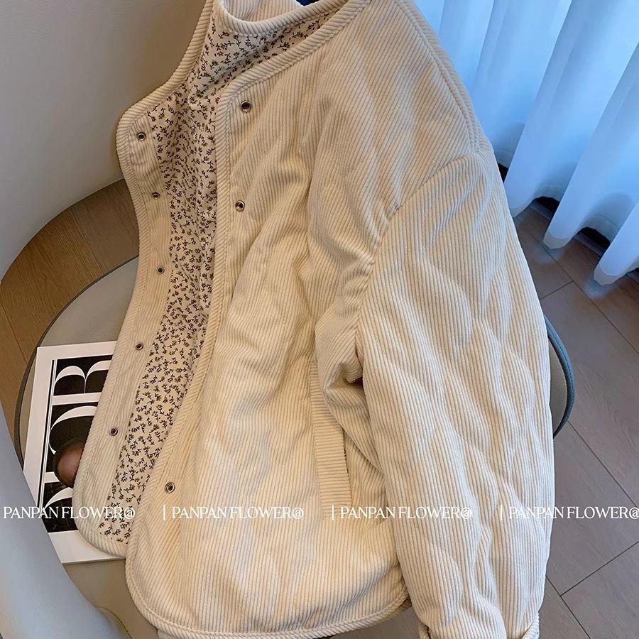 Women's Corduroy Patchwork Floral Diamond Cotton Jacket - Winter Loose Fit