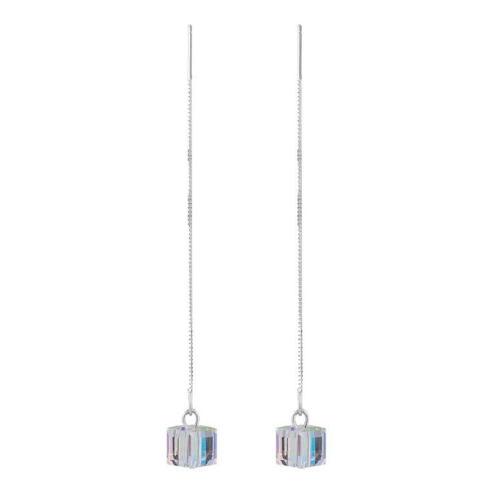 Korean Temperament Aurora Cube Sugar Crystal Sliver Color Snake Chain Long Tassel Ear Thread Dangle Earrings for Women Jewelry