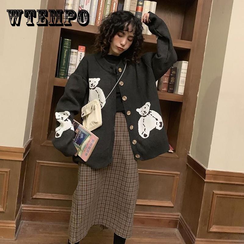 Autumn  Winter Sweater Cardigan Women's Casual Loose Fashion Retro Long-sleeved Shirt Student Wild Bear Sweater Coat