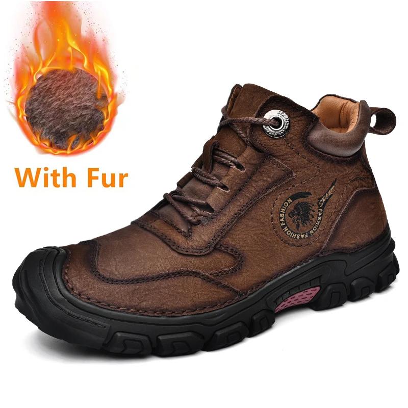 Модные походные мужские ботинки, новые кожаные походные ботинки для мужчин, нескользящие повседневные ботинки в стиле ретро, зимние теплые удобные кожаные мужские ботинки
